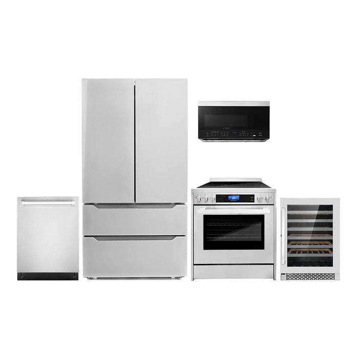 Cosmo Package - 30" Electric Range, Dishwasher, Refrigerator with Ice Maker, Wine Cooler and Microwave, COS-5PKG-073