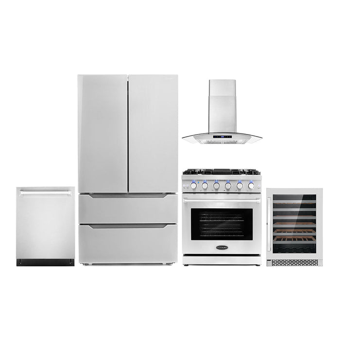 Cosmo Package - 30" Gas Range, Wall Mount Range Hood, Dishwasher, Refrigerator with Ice Maker and Wine Cooler, COS-5PKG-082