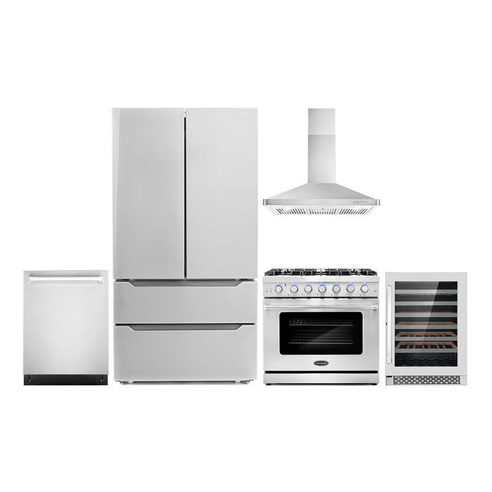 Cosmo Package - 36" Gas Range, Wall Mount Range Hood, Dishwasher, Refrigerator with Ice Maker and Wine Cooler, COS-5PKG-086