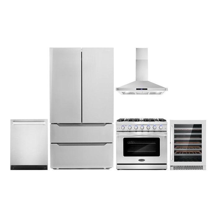 Cosmo Package - 36" Gas Range, Wall Mount Range Hood, Dishwasher, Refrigerator with Ice Maker and Wine Cooler, COS-5PKG-089