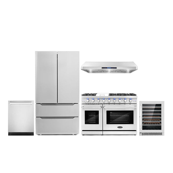 Cosmo Package - 48" Gas Range, Under Cabinet Range Hood, Dishwasher, Refrigerator with Ice Maker and Wine Cooler, COS-5PKG-093