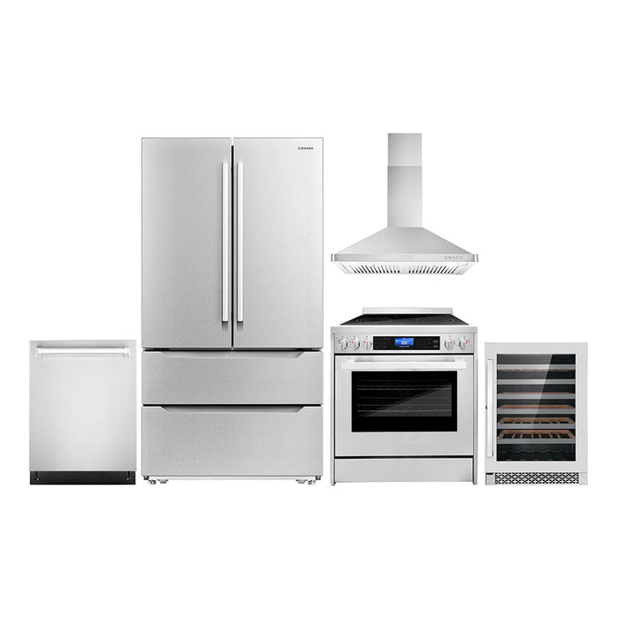 Cosmo Package - 30" Electric Range, Wall Mount Range Hood, Dishwasher, Refrigerator with Ice Maker and Wine Cooler, COS-5PKG-121