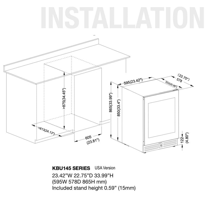 KingsBottle 24 Inch Under Counter LOW-E Glass Door Beer Fridge