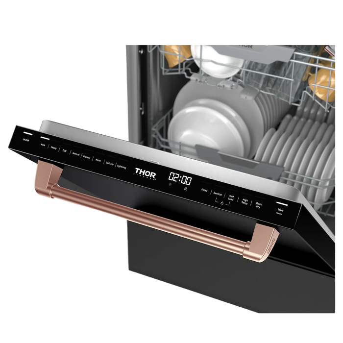 Thor Kitchen Gordon Ramsay 3-Piece Appliance Package - 30-Inch Electric Range with Tilt Panel Touch Control, Refrigerator, and Dishwasher in Black with Rose Gold Trim