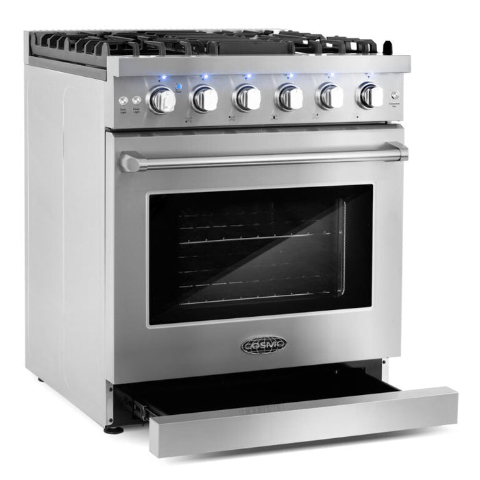 Cosmo Package - 30" Gas Range, Wall Mount Range Hood, Dishwasher and Wine Cooler, COS-4PKG-090