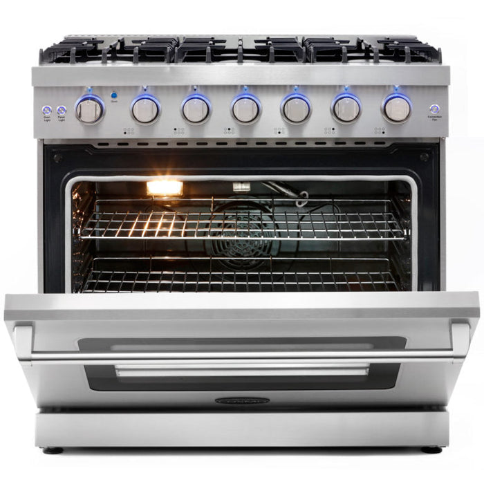 Cosmo Package - 36" Gas Range, Wall Mount Range Hood, Dishwasher and Wine Cooler, COS-4PKG-113