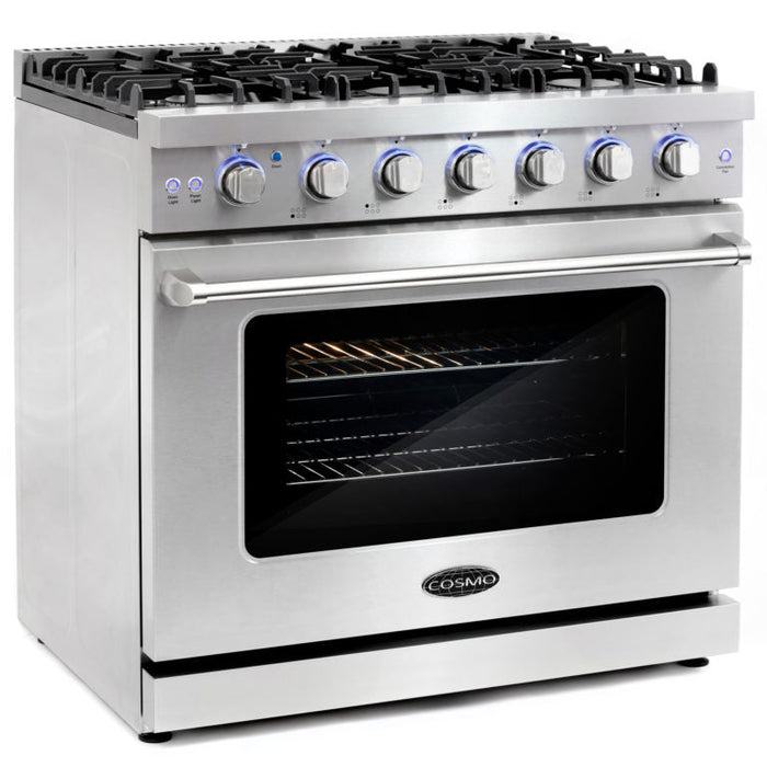 Cosmo Package - 36" Gas Range, Wall Mount Range Hood, Dishwasher and Wine Cooler, COS-4PKG-113