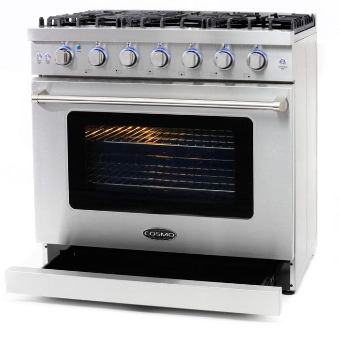 Cosmo Package - 36" Gas Range, Wall Mount Range Hood, Dishwasher, Refrigerator with Ice Maker and Wine Cooler, COS-5PKG-089