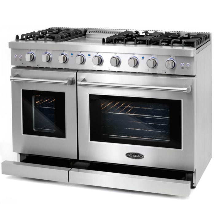 Cosmo Package - 48" Gas Range, Under Cabinet Range Hood, Dishwasher, Refrigerator with Ice Maker and Wine Cooler, COS-5PKG-093