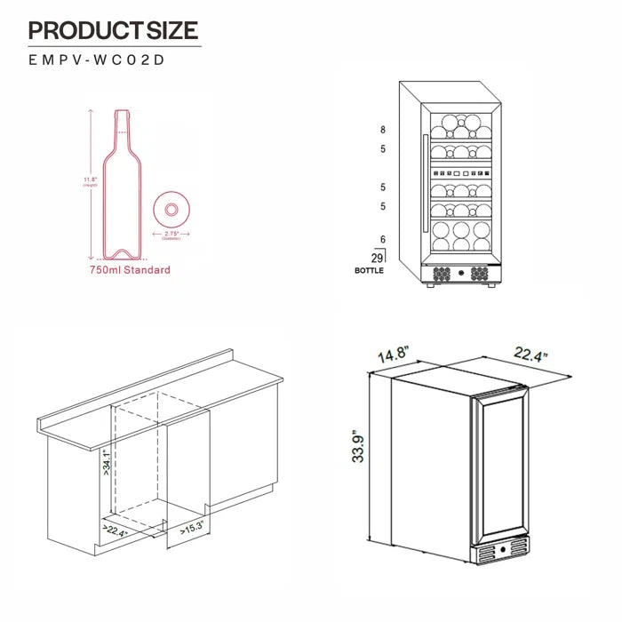 Empava 15" 29 Bottle Dual Zone Wine Cooler, EMPV-WC02D