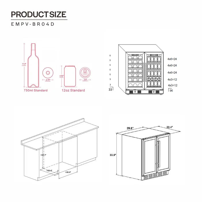 Empava 24" 20 Bottle and 79 Can Dual Zone Wine Cooler and Beverage Cooler, EMPV-BR04D