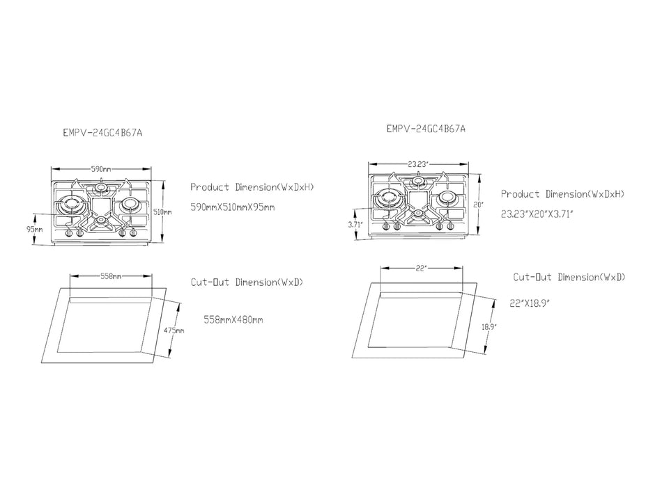 Empava 24" Stainless Steel Built-In Cooktop with 4 Gas Burners, EMPV-24GC4B67A