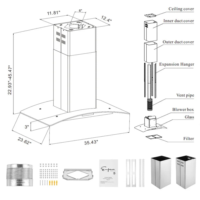 Empava 36" 400 CFM Convertible Island Wall Mount Range Hood, EMPV-36RH09