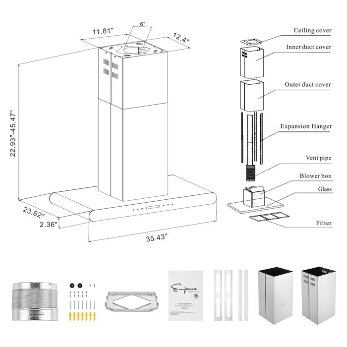 Empava 36" 400 CFM Convertible Island Wall Mount Range Hood, EMPV-36RH10