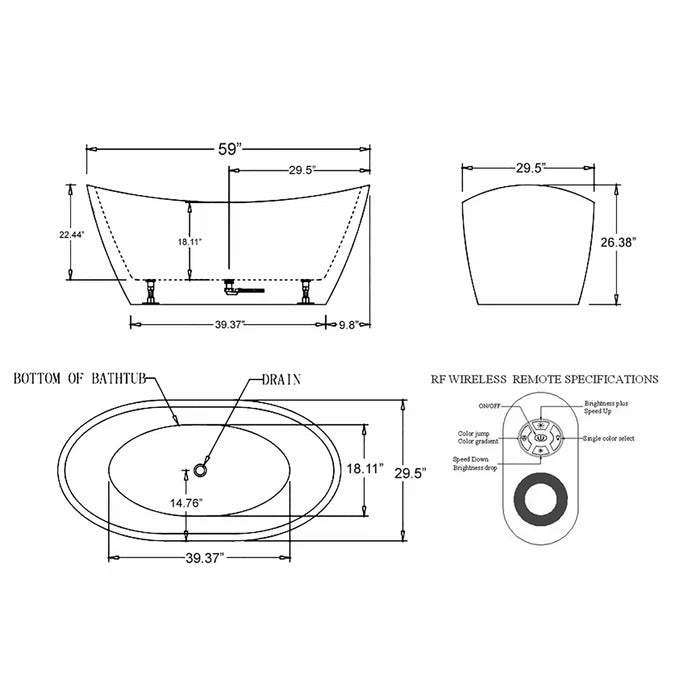 Empava 59" Freestanding Soaking Bathtub with LED Lights, EMPV-59FT1518LED