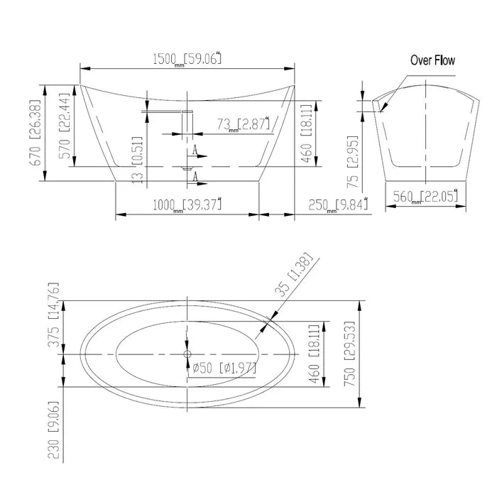 Empava 59" Freestanding Soaking Bathtub, EMPV-59FT1518