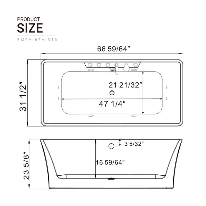 Empava 67" Freestanding Flat Bottom Whirlpool Bathtub with Faucet, EMPV-67AIS16