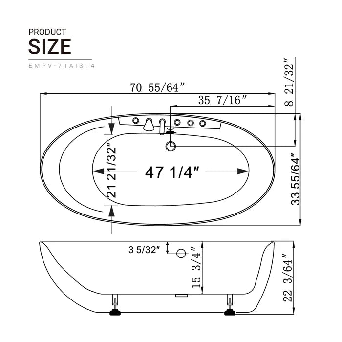 Empava 71" Freestanding Oval Whirlpool Bathtub with Faucet, EMPV-71AIS14