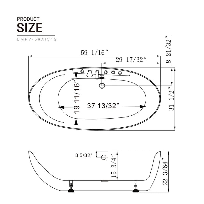 Empava 59" Freestanding Oval Whirlpool Bathtub with Faucet, EMPV-59AIS12