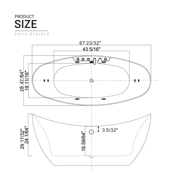 Empava 67" Freestanding Hourglass Whirlpool Bathtub with Faucet, EMPV-67AIS10