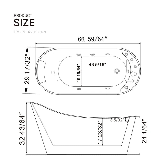 Empava 67" Freestanding Oval Whirlpool Bathtub with Faucet, EMPV-67AIS09