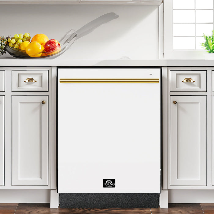 Forno Espresso 24" Built-In Tall Tub Dishwasher in White with Antique Brass Handles, FDWBI8035-24WHT