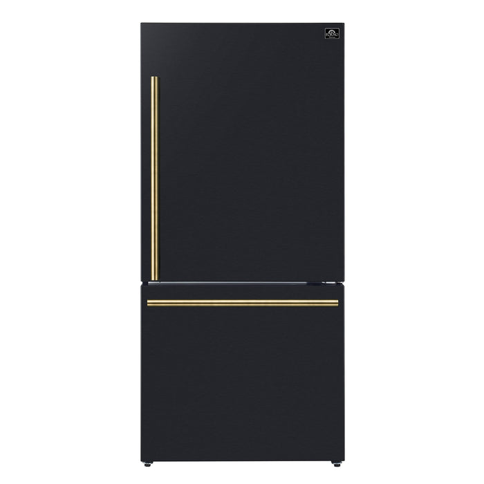 Forno Espresso 31" 17.2 cu. ft. Refrigerator and Bottom Freezer in Black with Antique Brass Handles, FFFFD1785-31BLK