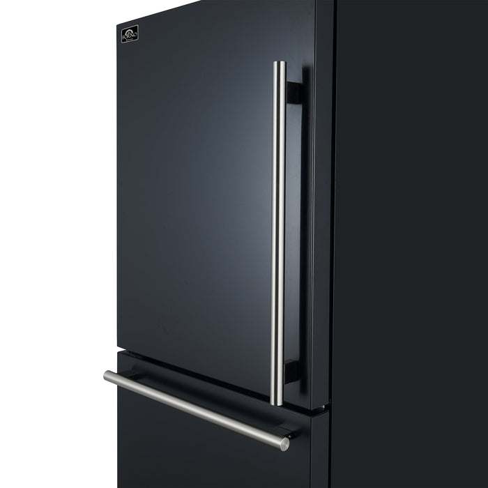 Forno Espresso 31" 17.2 Cu. Ft. Refrigerator and Bottom Freezer with Ice Maker in Black and Antique Brass Handles