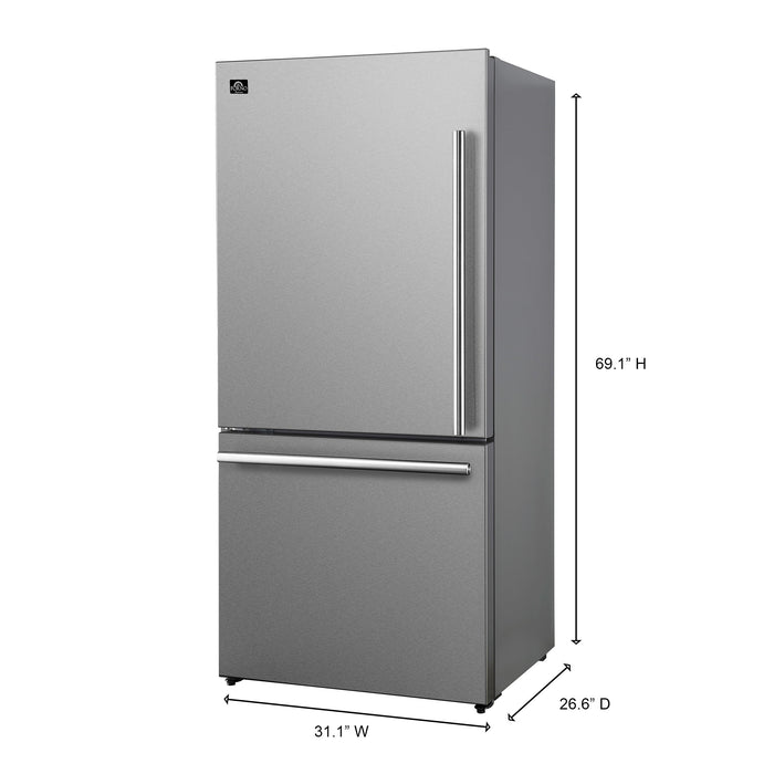 Forno Espresso 31" 17.2 Cu. Ft. Refrigerator and Bottom Freezer with Ice Maker in Stainless Steel and Silver Handles