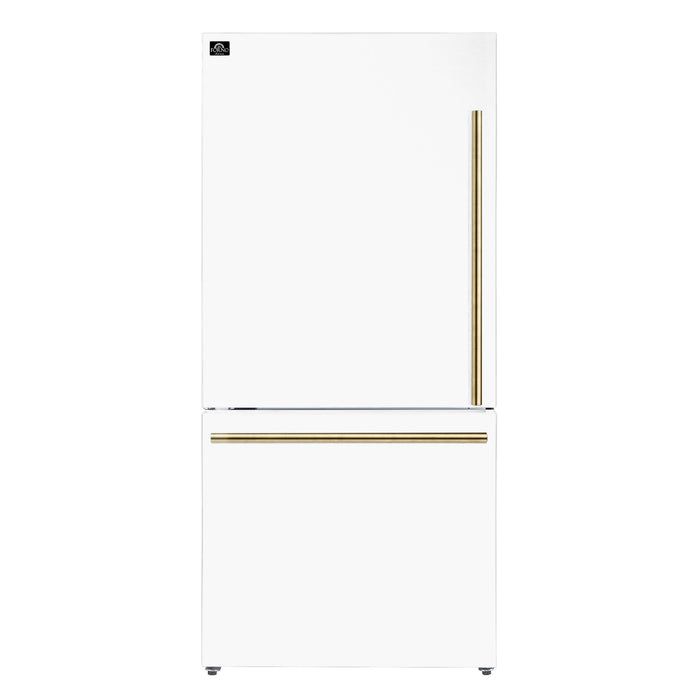 Forno Espresso 31" 17.2 Cu. Ft. Refrigerator and Bottom Freezer with Ice Maker in White and Antique Brass Handles