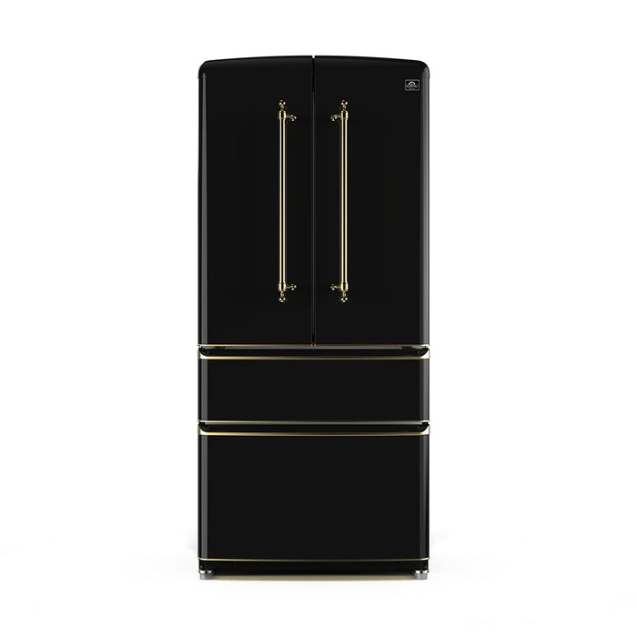 Forno Luigi 33" 18 cu. ft. French Door Refrigerator in Black with Antique Brass Handles, FFFFD1791-33BLK