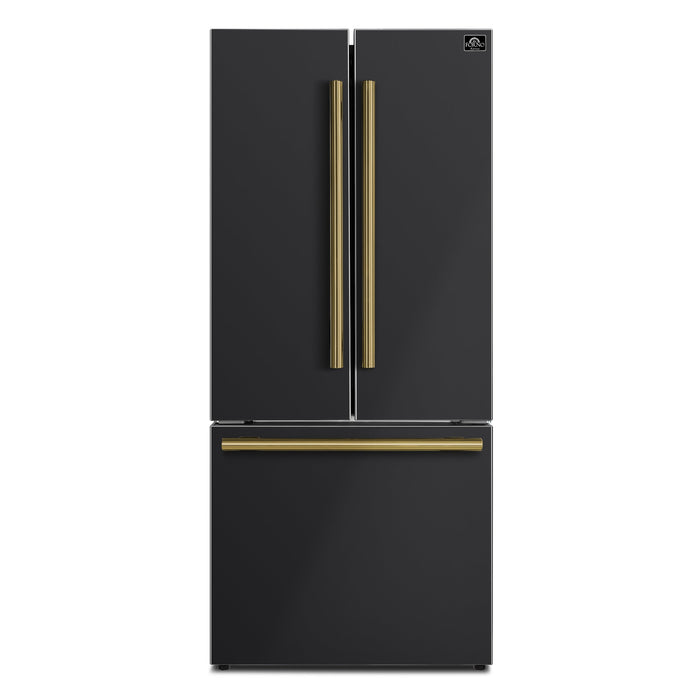 Forno Espresso 30" 17.5 Cu. Ft. Refrigerator with Ice Maker in Black with Antique Brass Handles, FFFFD1974-31BLK