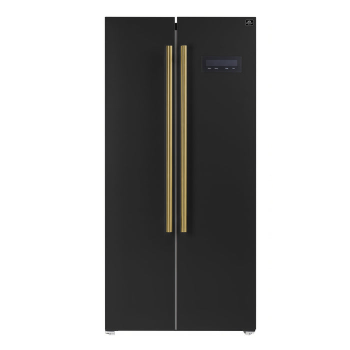 Forno Espresso 33" 15.6 cu. ft. Refrigerator in Black with Antique Brass Handles, FFRBI1805-33BLK