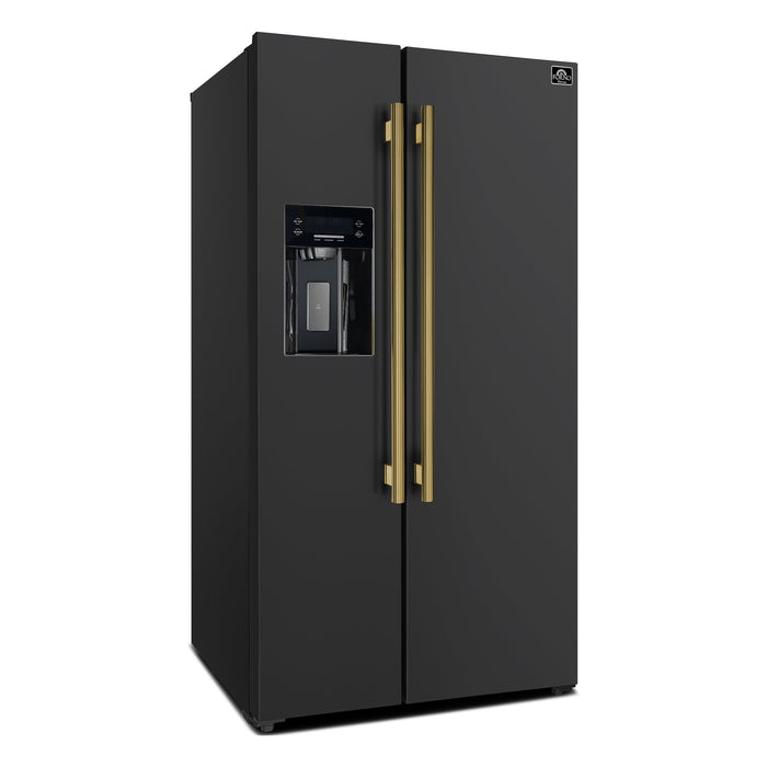 Forno Espresso 36" 20 Cu. Ft. Side-By-Side Refrigerator with Water and Ice Dispenser in Black with Antique Brass Handles