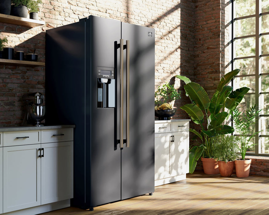 Forno Espresso 36" 20 Cu. Ft. Side-By-Side Refrigerator with Water and Ice Dispenser in Black with Antique Brass Handles