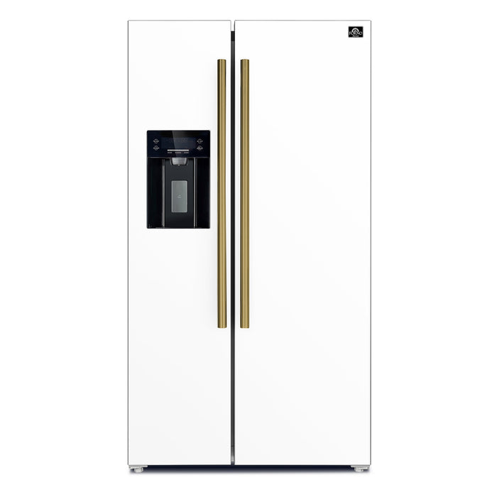 Forno Espresso 36" 20 Cu. Ft. Side-By-Side Refrigerator with Water and Ice Dispenser in White with Antique Brass Handles