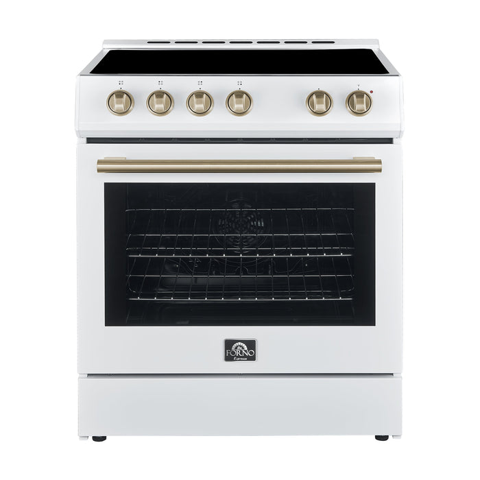 Forno Espresso 30" Electric Range in White with Antique Brass Handles, FFSEL6012-30WHT