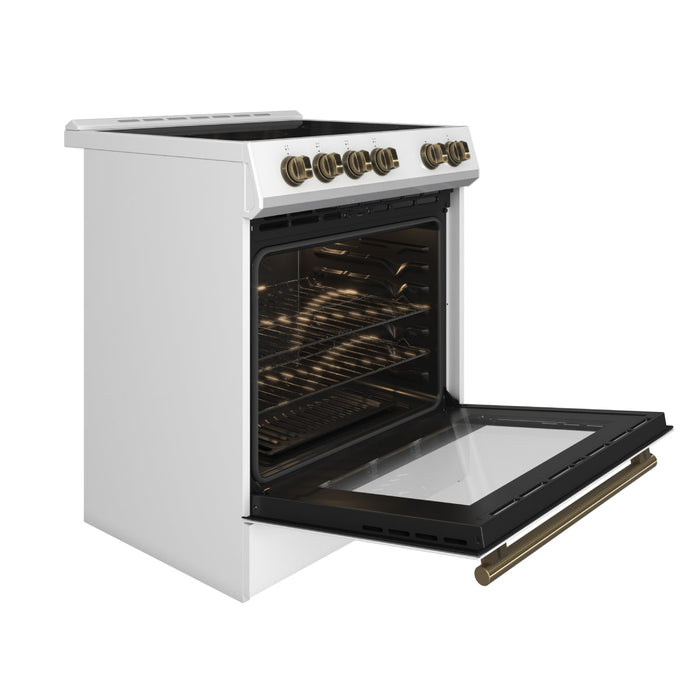 Forno Espresso 30" Electric Range in White with Antique Brass Handles, FFSEL6012-30WHT