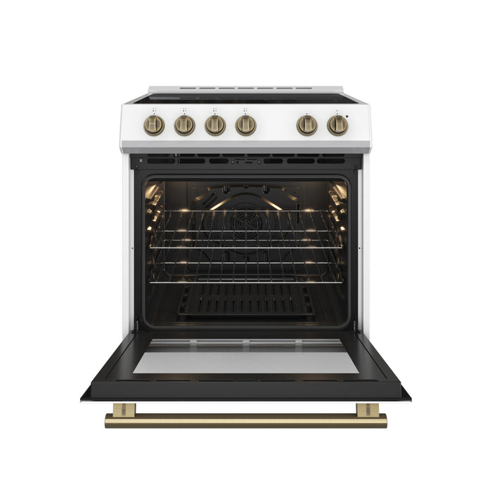 Forno Espresso 30" Electric Range in White with Antique Brass Handles, FFSEL6012-30WHT