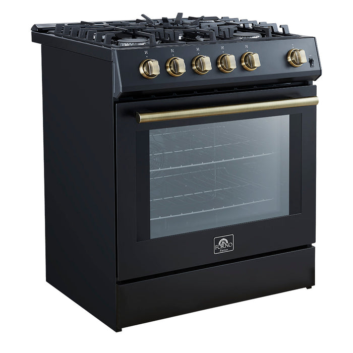 Forno Espresso 30” Gas Range in Black with Antique Brass Handles, FFSGS1116-30BLK