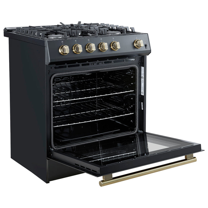 Forno Espresso 30” Gas Range in Black with Antique Brass Handles, FFSGS1116-30BLK