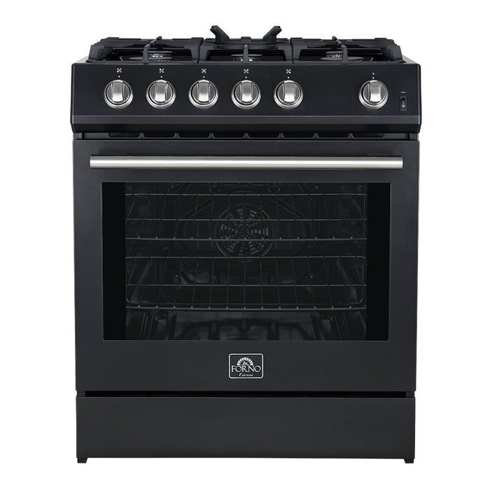 Forno Espresso 30” Gas Range in Black with Silver Handles, FFSGS1116-30BLK