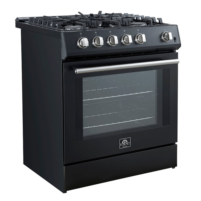 Forno Espresso 30” Gas Range in Black with Silver Handles, FFSGS1116-30BLK