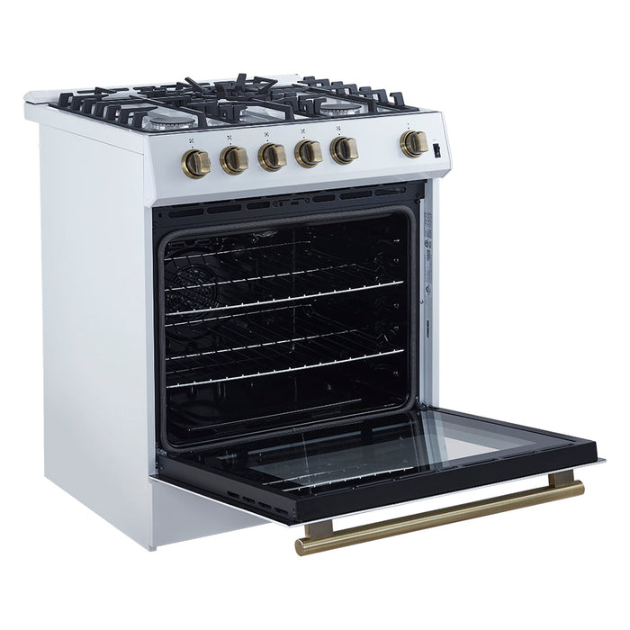 Forno Espresso 30” Gas Range in White with Antique Brass Handles, FFSGS1116-30WHT