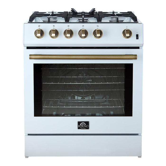 Forno Espresso 30” Gas Range in White with Antique Brass Handles, FFSGS1116-30WHT