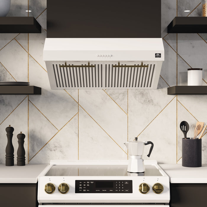 Forno Espresso 30" Under Cabinet Range Hood in White with Antique Brass Handles, FRHUC5255-30WHT