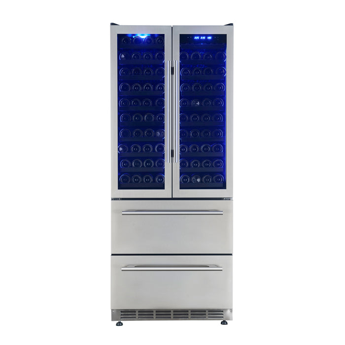 Forno 32" 120 Bottle Triple Zone French Door Wine Cooler with 2 Beverage Drawers, FWCDR6635-32S