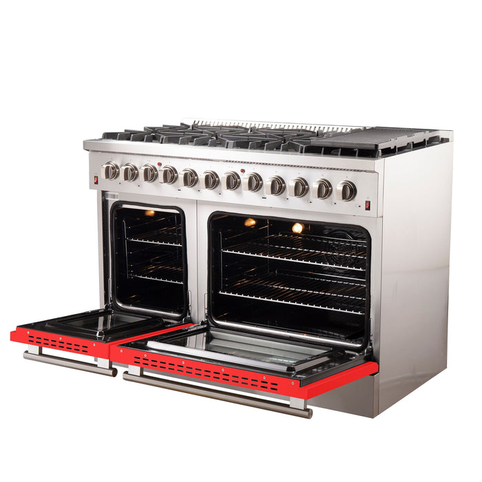 Forno 48 Inch Professional Freestanding Dual Fuel Range in Red, FFSGS6156-48RED