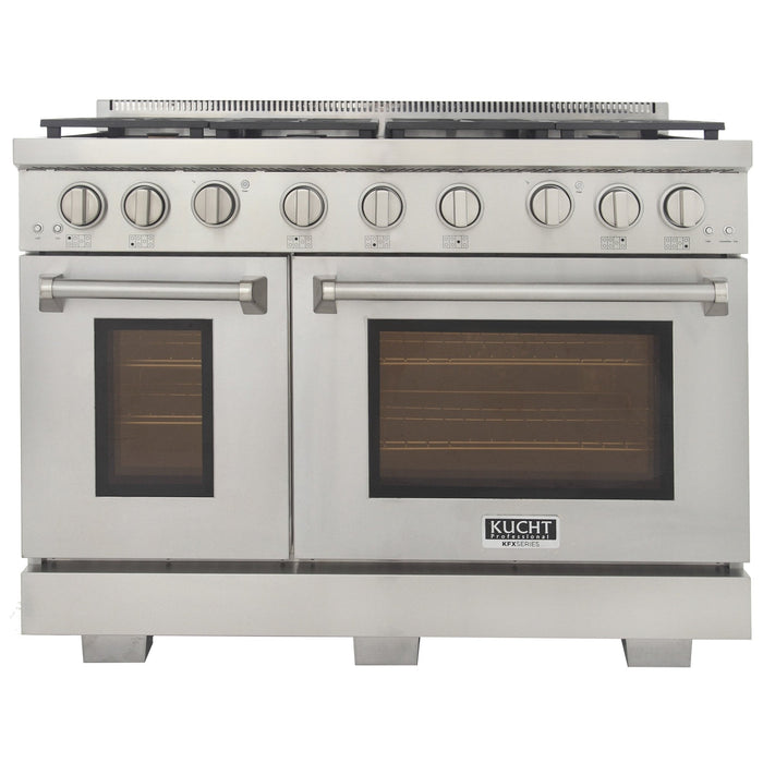 Kucht Appliance Package - 48 inch Natural Gas Range in Stainless Steel, Wall Range Hood, Refrigerator, Dishwasher, and Microwave Oven, AP-KFX480-7