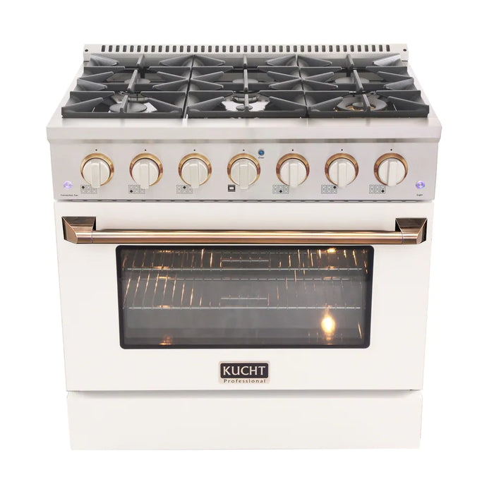 Kucht Signature 36 In. 5.2 cu ft. Natural Gas Range with White Door and Gold Accents, KNG361-W-GOLD